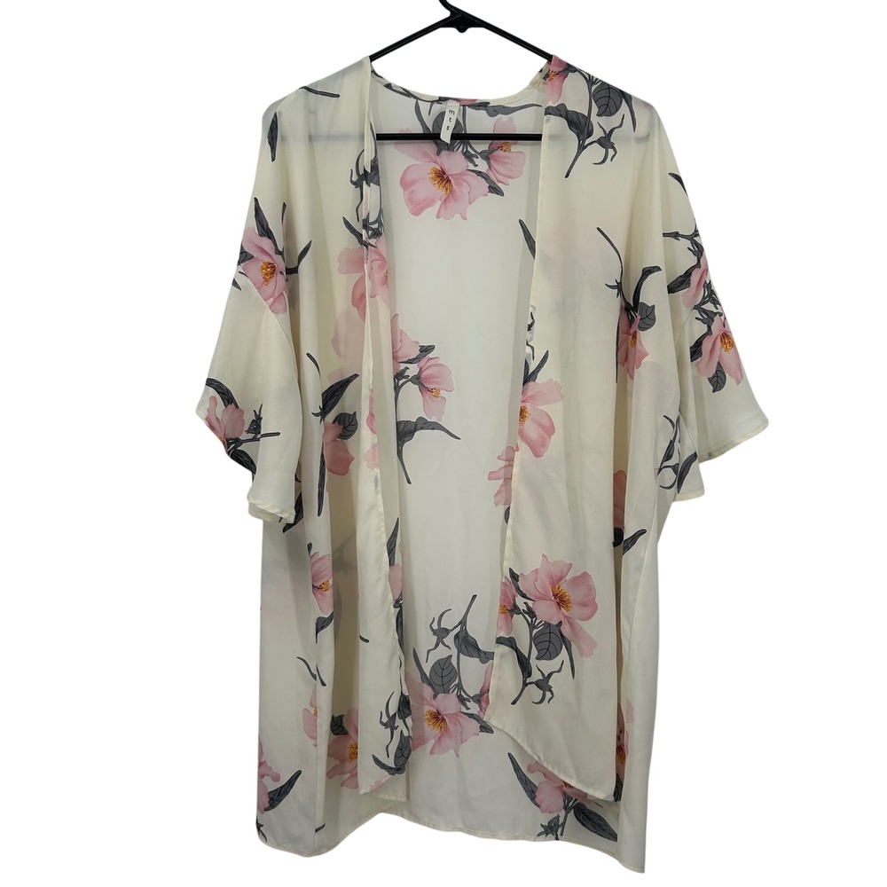 MTS Women Floral Kimono Cardigan Cream Pink Short Sleeve Open Front J3052 S/M